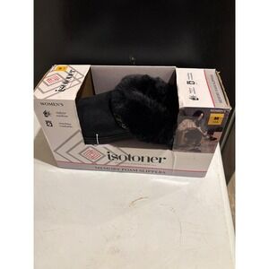 Isotoner Womens Memory Foam Slippers Black Faux Trim Indoor Outdoor Size M 7.5-8